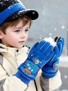 1 Pair Kids' Cartoon Dinosaur Ski Gloves, Thermal Lined Thick Warm Windproof Waterproof Finger Gloves For Winter Snow Play - 1Pair - View 2