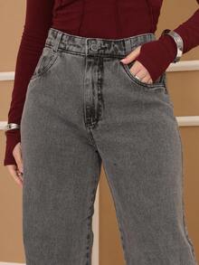 Women's Wide Leg Jeans, Luxury Straight Cut, 100% Jeans, High Waist, Butt Lifting - 灰色 - 查看 2