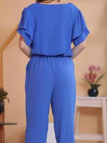 Women's Two-Sleeved Ruffled Shirt And Cropped Pants - 寶藍色 - 查看 2