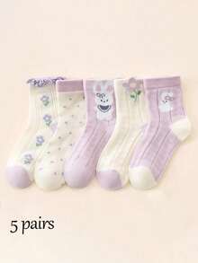 5 pares de calcetines de malla para niñas, ligeros, con lindos patrones florales y de conejo, adecuados para niñas de 1 a 16 años, para el verano - Multicolor - Ver 9