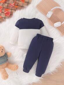 2pcs/Set Casual Cute Cartoon Applique Patchwork Colorblock Crew Neck Long Sleeve Sweatshirt And Front Tie Elastic Waist Pants Set, Soft & Comfortable Baby Boy Clothes, Baby Boy Outfit, Suitable For Daily, Vacation, Party, Outdoor - Multicolor - View 4