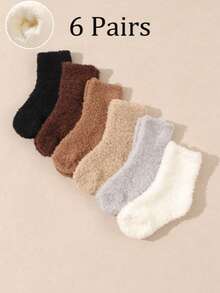 6双婴儿/幼儿纯色保暖厚款半羊毛中筒袜，秋冬款 - 彩色 - 查看 5
