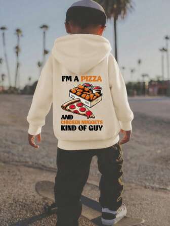 1pc Young Boys' Casual Cute Pizza Print Pullover Hoodie Sweatshirt, Thermal Lined, Long Sleeve, Loose Fit, For Autumn/Winter, Student/Young Kids Wear
