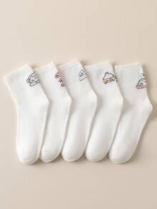 5 Pairs Women's Autumn Mid-Calf Socks, Cute Animal Design, Versatile White Socks, Skin-Friendly Soft & Breathable