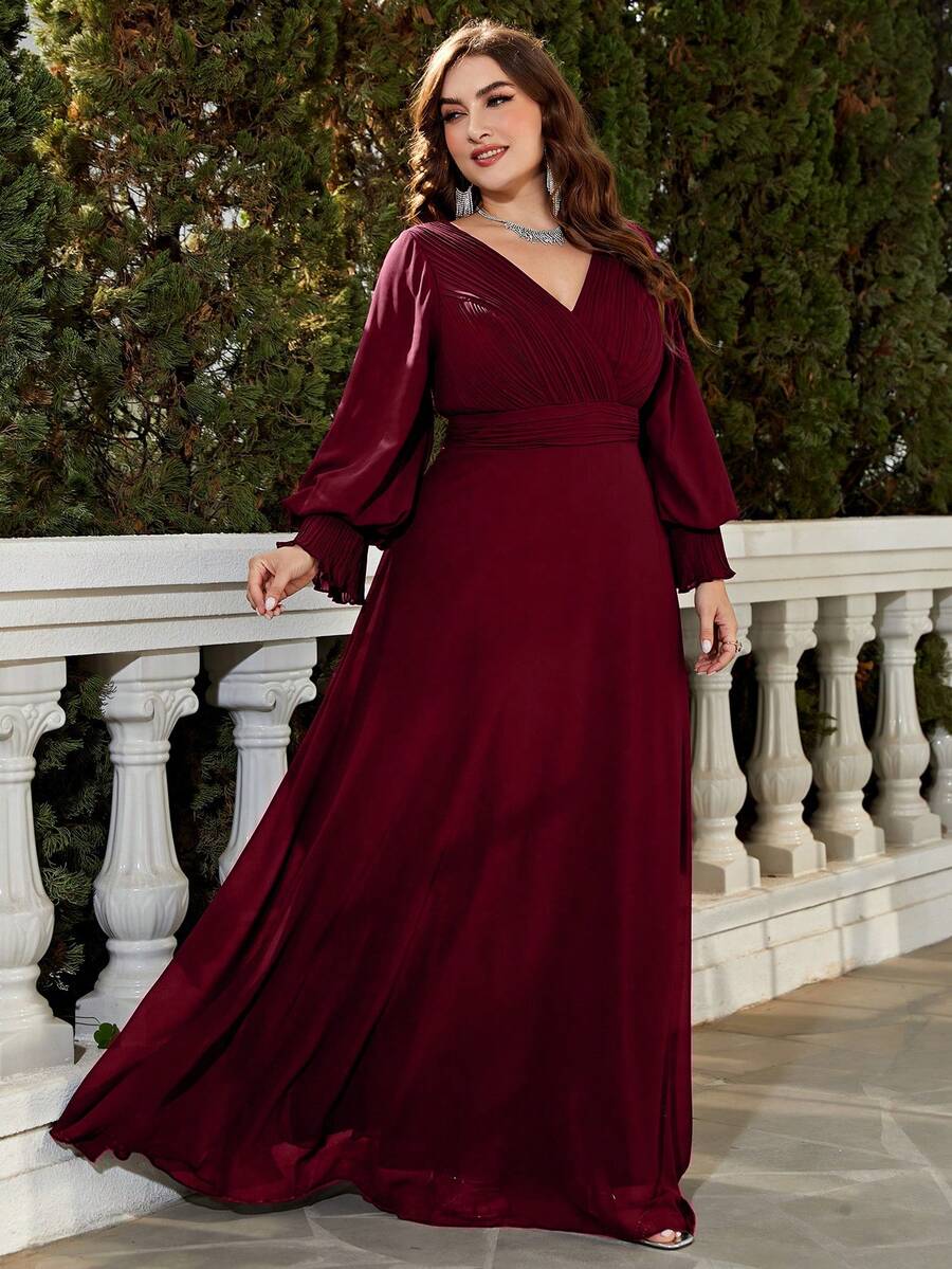 UNITHORSE Deep V-Neck Long Sleeve Pleated Chiffon Dress - Burgundy - View 1