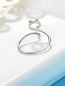 1pc 925 Sterling Silver Line Cat Ring, Minimalist Personalized Open Ring, Korean Cute Small Cat Knuckle Ring, Gift For Girlfriend, Christmas Gift