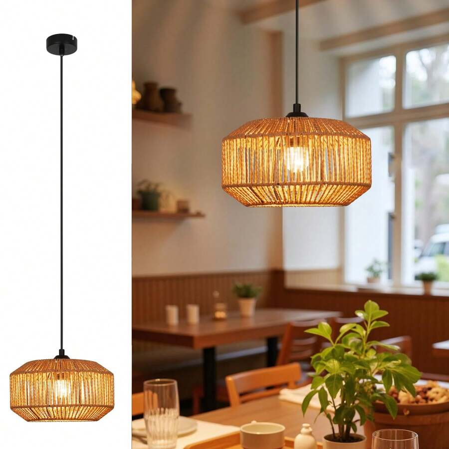 homefire Hanging Lamp Vintage Pendant Light Dining Table 25 Boho Hanging Light Retro 1-Light Dining Room Lamp Rattan Design With E27 Socket For Dining Room Bedroom Living Room Hallway Kitchen / Without Light Source - Kurze Laterne - 查看 1