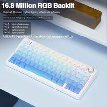 AULA Bàn phím cơ chơi game F75 Bluetooth/2.4G không dây/có dây, ba chế độ tùy chỉnh, phù hợp cho PC, Laptop. Sản phẩm có đệm phím PBT toàn bộ phím, có thể tháo lắp nóng, cấu trúc đệm viền 75%, RGB phổ thông và nhiều tùy chọn keycap. Đây là bàn phím chuyên dụng cho văn phòng, chơi game và thể thao điện tử. - Nhiều màu - Xem 13