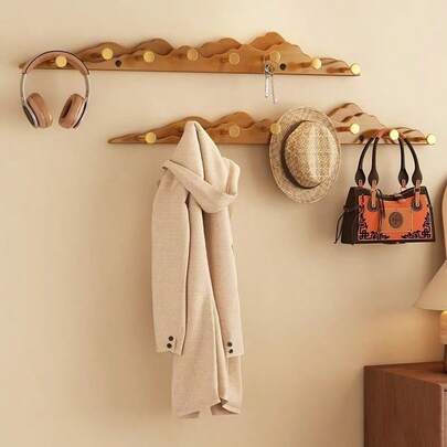 Nouveau crochet mural suspendu avec crochets en bois naturel pour placard, cuisine, chambre, salle de bain, entrée - Organisateur mural polyvalent pour manteaux, chapeaux, sacs, écharpes et accessoires, design gain de place, installation facile, finition en bois durable et robuste, crochets arrondis lisses, look naturel rustique pour la décoration d'intérieur