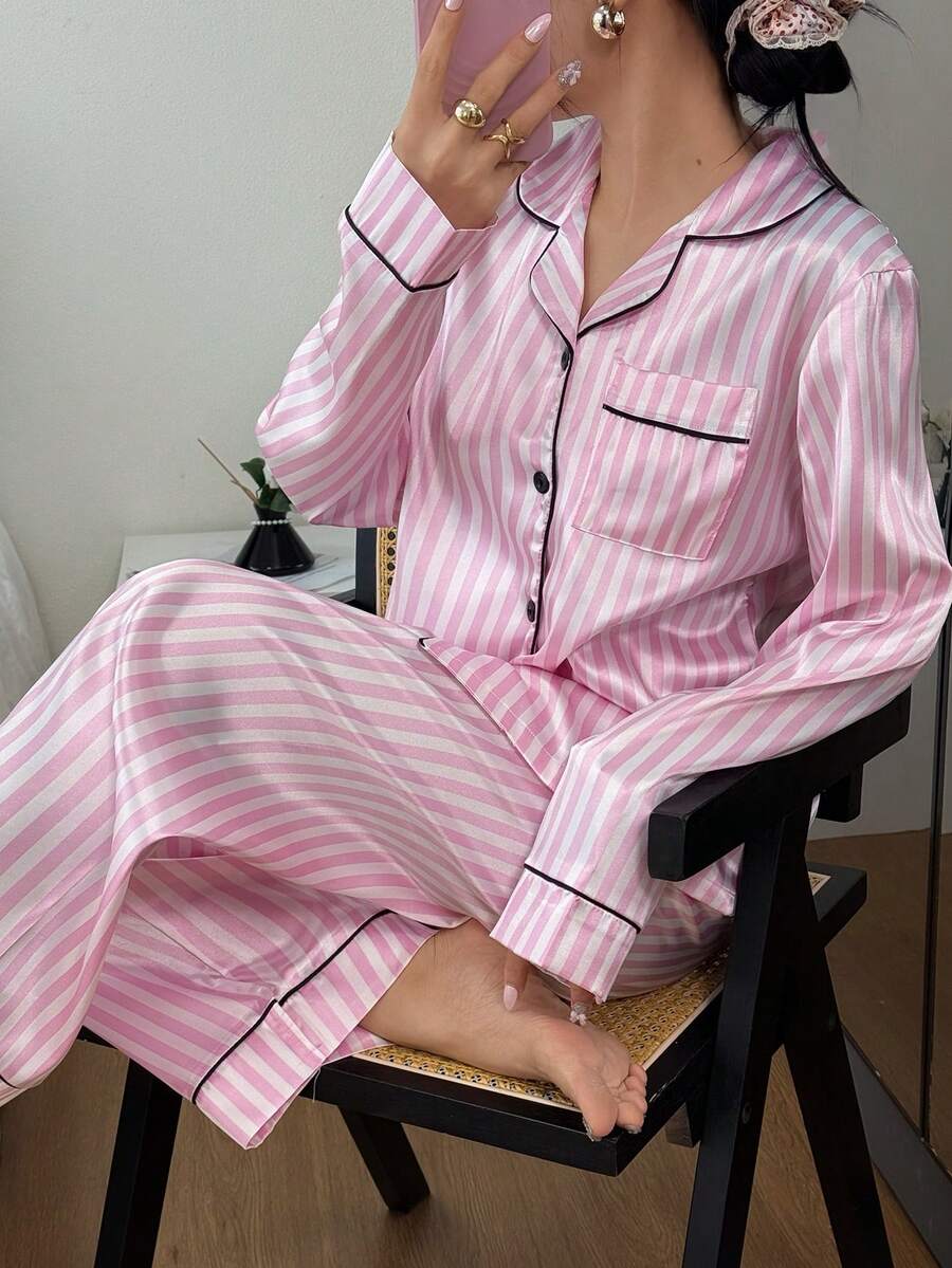 2pcs/Set Women Striped Long Sleeve Pajama Set,Valentine's Day