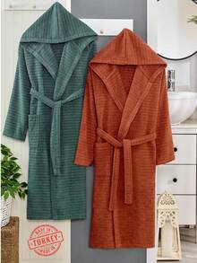 2-Piece 100% Cotton Unisex Bathrobe Set – Black & Green Color Options, Fluffy Hooded Robes For Women & Men, Terry Cloth, Soft With Long Belt – Ideal For Spa, Sauna & Daily Use – S/M & L/XL – Made In Turkey - Màu Cam cháy - Xem 15
