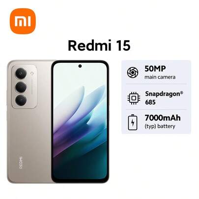 Xiaomi 小米 Redmi 15 全球版智能手机 NFC 大容量 7000mAh 电池 沉浸式 6.9 英寸 FHD+ 显示屏 高达 144Hz 高刷新率 强大的 Snapdragon 685 高达 16GB RAM 带内存扩展 四曲面设计，手感舒适 IP64 防尘防水 33W 快速充电 50MP AI 双摄像头系统 智能开关，轻松夜间拍摄