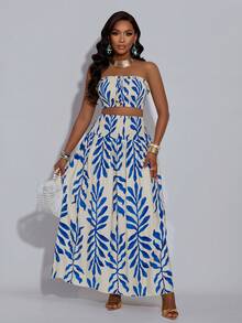 Ladies' Sexy Sweep With Printed Strapless Top, Long Skirt Two Pieces Set, Women's Sexy Date Outfit For Valentine's Day Night Dates Elegant Dress Women Elegant Women's Sets Women's Summer Dresses