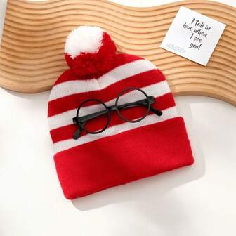 Warm Red And White Where's Wally Waldo Knitted Hat And Lens-Free Glasses Frame Role-Playing, Holiday Party Gift, Winter Men's And Women's Valentine's Day Hat Christmas