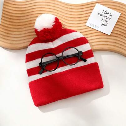 Gorro tejido rojo y blanco tipo Dónde está Wally/Waldo con marco de gafas sin lentes, regalo para fiesta de vacaciones, sombrero de invierno para hombres y mujeres en el Día de San Valentín y Navidad