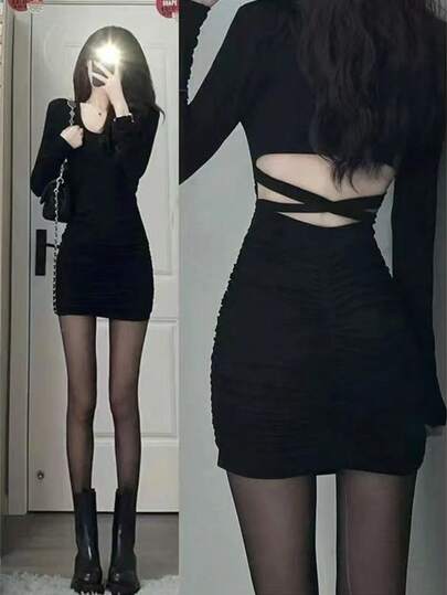 Pure Bucket Desire Style Hot Girl Long Sleeve Dress Women's Autumn Niche Design Backless Chic Slim Black Hip-Hugging Short Skirt