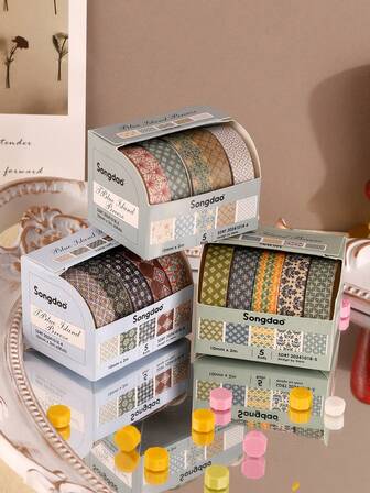 5 卷/盒复古优雅和纸胶带套装、剪贴簿用品、手工相册和纸胶带、装饰胶带、相册配件、手工相册配件、用于日记装饰的彩色遮蔽胶带（复古风格）返校节、情人节、万圣节、圣诞节、感恩节、生日、返校季礼物、圣尼古拉斯节、三王节、圣诞快乐、5 卷常规图案和纸胶带