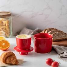 Butter Crock With Water Line For Countertop, French Dish With Lid, Ceramic Keeper For Fresh Spreadable Butter, Container Holder For Kitchen And Home Decor, White - 紅色 - 查看 2