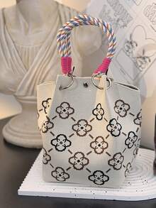 1 件心形条纹花卉手提包，大容量手提包，优雅旅行多功能手提包，配有可拆卸肩带 - 彩色 - 查看 18