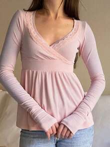 Ribbed Long Sleeve Tops For Women Ruched Wrap Going Out Shirt Deep V Neck  Fall Outfits - Hồng - Xem 2