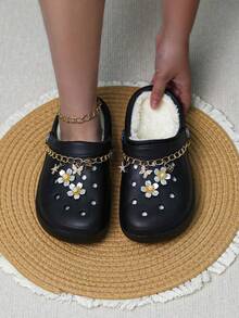 CIVHOM 女士冬季毛绒内衬一脚蹬木屐 - 非 EVA 拖鞋 室内/室外家居鞋，舒适织物衬里 - 黑色 - 查看 1