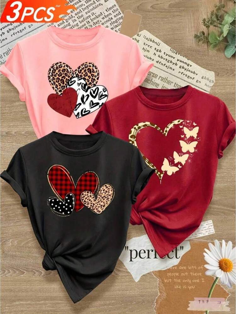 Camiseta femenina casual romántica estampado gráfico corazones y mariposas animal print san valentin tejido suave holgada cuello redondo manga corta primavera verano uso diario T-shirt - Multicolor - Añade 1