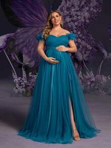 Faeriesty Dressalisa Elegant Off-Shoulder Maternity Evening Dress With Feather Accents - Flowy Sheer Fabric For Spring/Summer Weddings, Baby Showers, Galas & Photo Shoots - Teal Blue - View 7