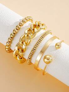 五合一复古朋克风格轻质 CCB 串珠手链、链式手镯、弹性圆盘手链套装，适合女性日常佩戴、派对、约会、度假、叠戴、节日礼物 - 金色 - 查看 2