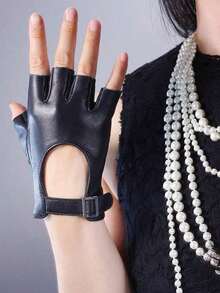 1pair Women's Black Half Finger Leather Gloves With Adjustable Width Metal Buckle For Motorcycle - màu đen - Xem 3