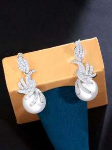 1 Pair Silver Plated CZ Pearl Dangle Drop Earrings, Cubic Zirconia 925 Sterling Silver Post Bridal Jewelry For Women Brides, Wedding/Engagement/Banquet/Party Gifts For Female Bridesmaids, Christmas Gift HAHV - 白色 - 查看 7