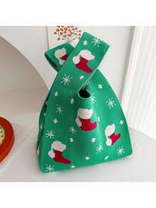 Pungi de Crăciun, Design la scară mică, Geantă mică tricotată cu model floral pentru purtat pe braț, Geantă de mână