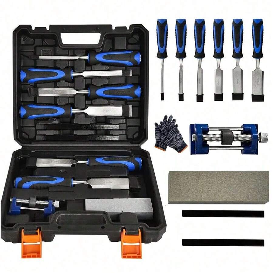 Wood Chisel Set 10 Pieces Woodworking Tools Sharpening Stone With Storage Box UK - Blue - View 1