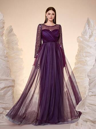 Mgiacy, Ny ankomst, Bara axlar, Paljett, Ädel, Brudtärneklänning, Överlägg, Mesh, Lång klänning, FÖR, Bröllopsgäst