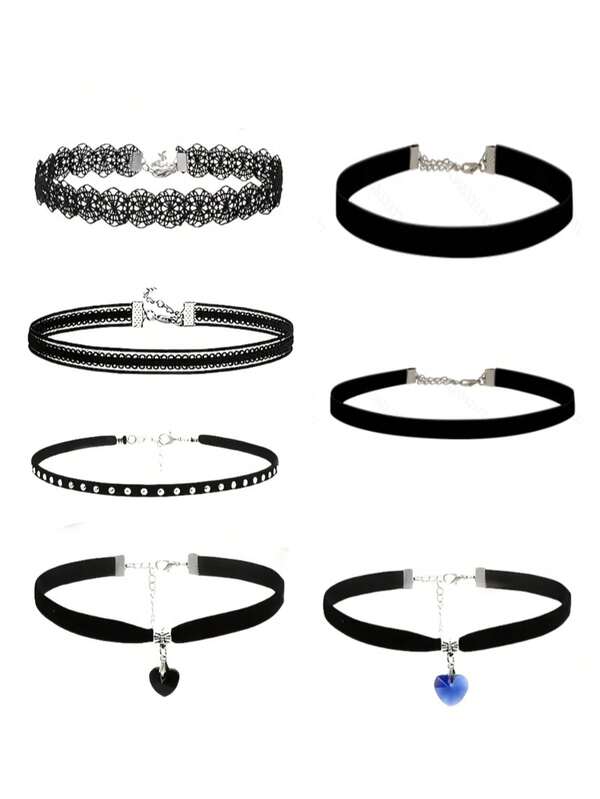 Set de 7 collares gargantilla negros elegantes y de moda para mujer