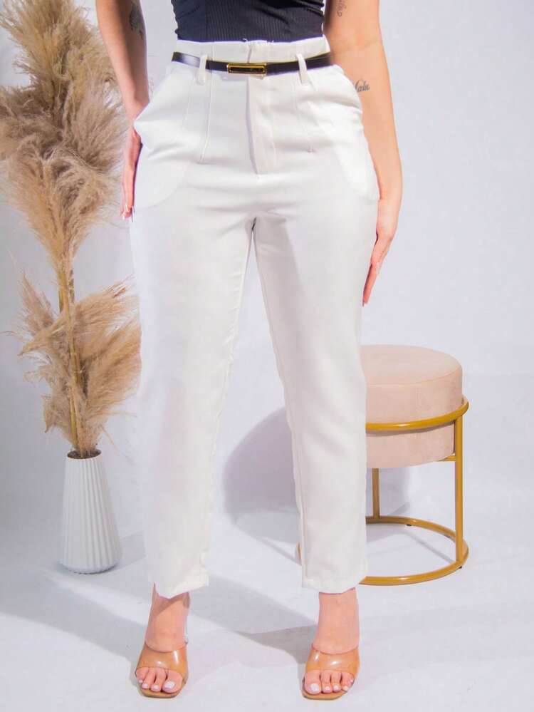 Women's Tailored Dress Pants With Belt And Front Pocket, Elegant Skinny Party - 白色 - 查看 7