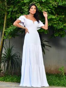Long Off-The-Shoulder Dress With Ruffles, V-Neckline, And Charming Sleeves - White - View 3