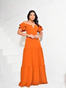 Long Off-The-Shoulder Dress With Ruffles, V-Neckline, Elegant, Charming Sleeves - Naranja Quemada - Ver 2