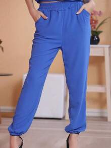 Women's Two-Sleeved Ruffled Shirt And Cropped Pants - 寶藍色 - 查看 3