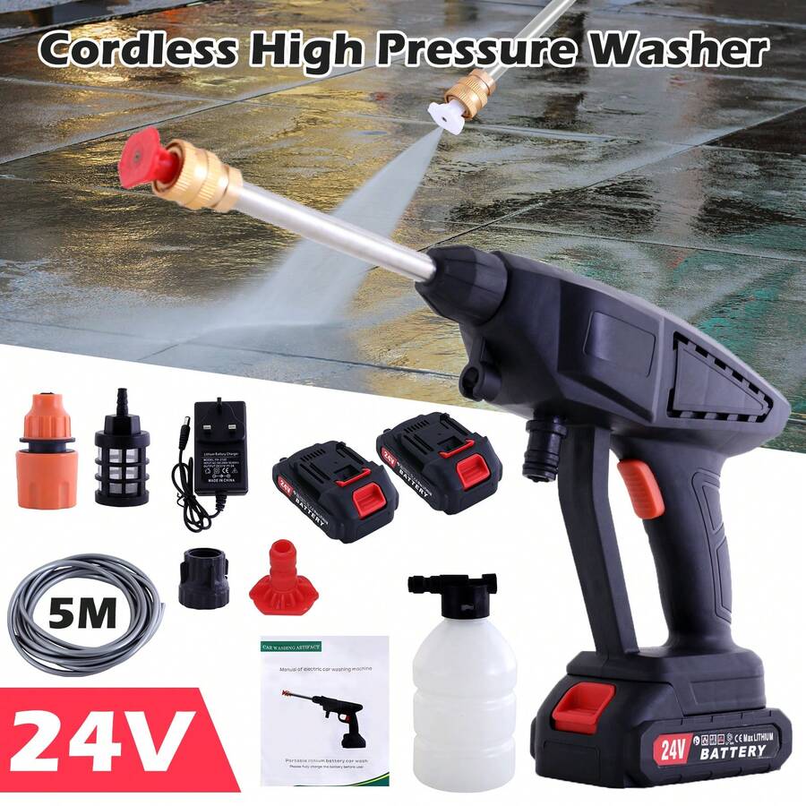 Cordless Pressure Washer, Portable Power Washer For Patio & Car, 6 In 1 Battery-Operated System With 5M Hose, Jet Wash Tool With Dual Batteries, High-Pressure Cordless Jet Cleaner - Black - View 1