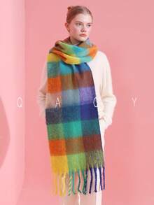 1 pieza Bufanda esponjosa con estampado a cuadros, elegante y bonita, de alta calidad, cálida y cómoda, de falso cachemira para mujer, adecuada para uso diario, ir al trabajo, exteriores, hogar, viajes, regalos, accesorios