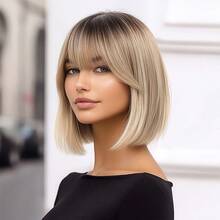 Peruka syntetyczna, krótka, prosta, 30,48 cm, z grzywką, w stylu bob w kolorze złotym – żywy kolor, lekka i modna, odpowiednia do cosplayu, codziennego noszenia i na imprezy - Ombre blond - Zobacz 11