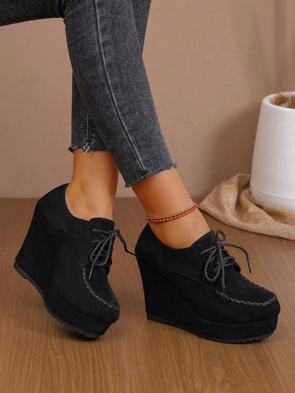 Fashion Lace-Up Platform Thick Sole Casual Shoes, Wedge Heel Thick Bottom Pumps For Plus Size Women, Spring/Autumn