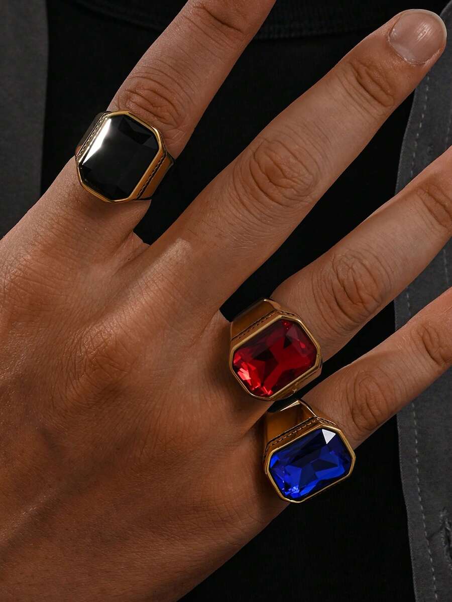 1pc Stainless Steel 18K Gold Plated Inlaid Large Rectangular Cubic Zirconia Engraved Business Style Men's Rings Gift Jewelry