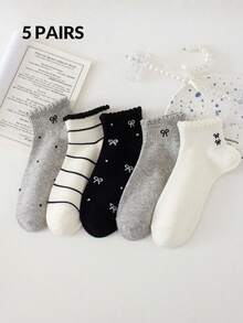 5 Pairs Women's Cute Breathable Striped Bow Polka Dot Pattern Short Invisible Socks, Ankle Socks Crew Socks, White Socks, Black Socks For Daily & Casual Wear, Suitable For Fall&Winter, For All Seasons