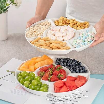 4-Compartment Round Serving Tray - Durable Plastic Snack, Nut, Fruit And Appetizer Platter For Parties, Weddings, Holidays, Kitchen And Dining, Perfect For Christmas, Halloween [4 Color Options]