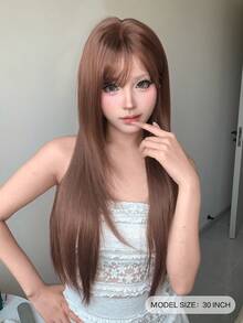 alicegarden 1 Synthetic Heat-Resistant Wig With Bangs, Brown Long Straight Wig, 30 Feet Long, Made Of Fiber, Suitable For Daily Use, Natural Simulation Wig