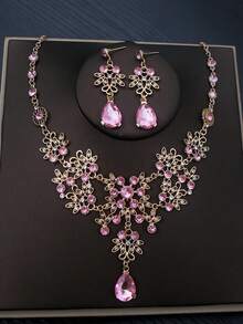 1 Set Luxus Goldplattierter Schmuck, smaragdfarbener Kristall, Blumenmuster, geeignet für Hochzeiten und formelle Anlässe