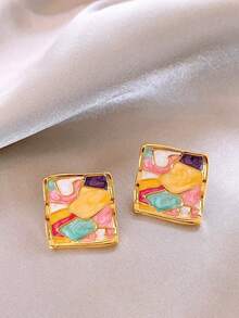 Pendientes cuadrados de esmalte colorido estilo bohemio, pendientes geométricos vintage con baño de oro, perfectos para vacaciones, uso diario y fiestas