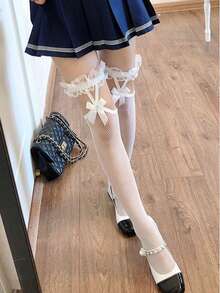 2 双蕾丝上衣渔网袜蝴蝶结吊带大腿袜网眼吊袜带女士长筒袜，Y2K - 彩色 - 查看 9