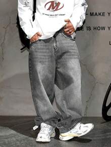 男士休闲宽松牛仔裤，时尚街头风格，适合日常穿着和办公室穿着 - 灰色 - 查看 3